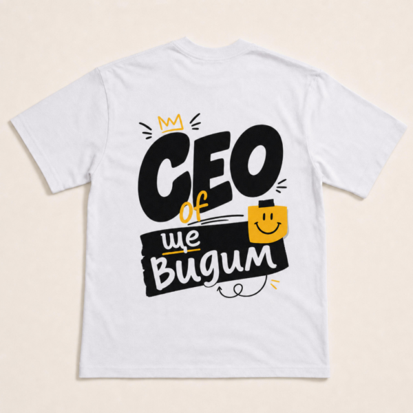 Овърсайз тениска „CEO of ще видим“ — гръб с принта, бяла