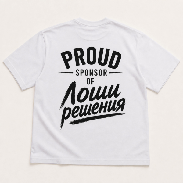 Овърсайз тениска „Proud sponsor of лоши решения“ — гръб с принта, бяла