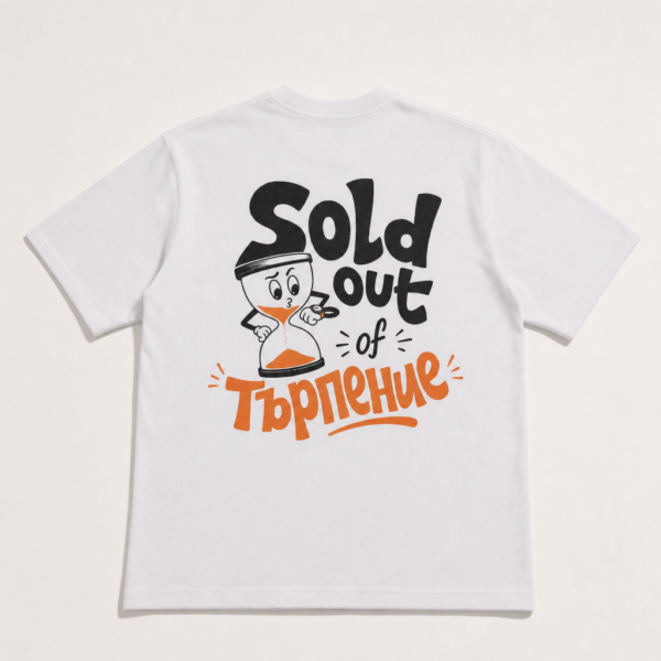 Овърсайз тениска „Sold out of търпение“ — гръб с принта, бяла